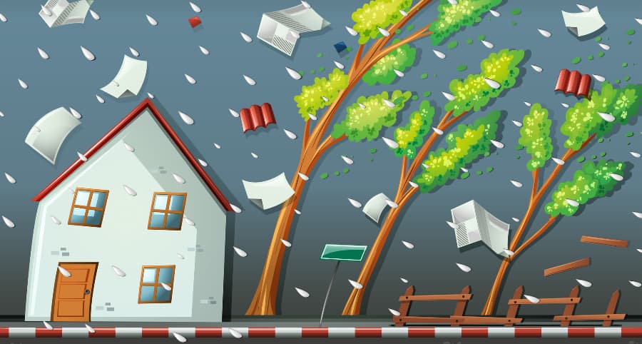 Illustration of a storm affecting a residence and the immediate surroundings